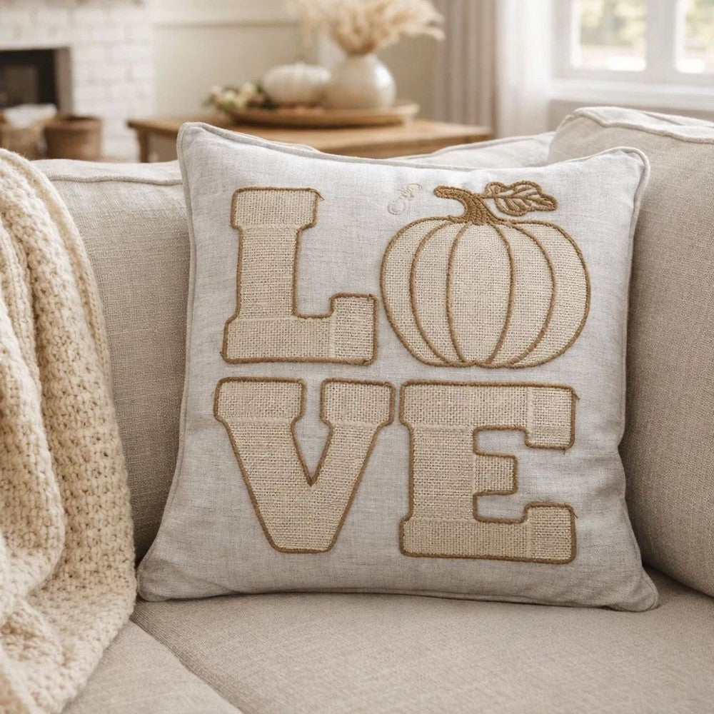 Decorative Throw Pillow | Love Pumpkin Beige Linen Embroidery | 20" Square