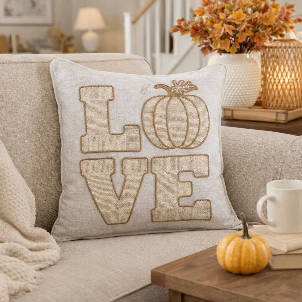 Decorative Throw Pillow | Love Pumpkin Beige Linen Embroidery | 20" Square