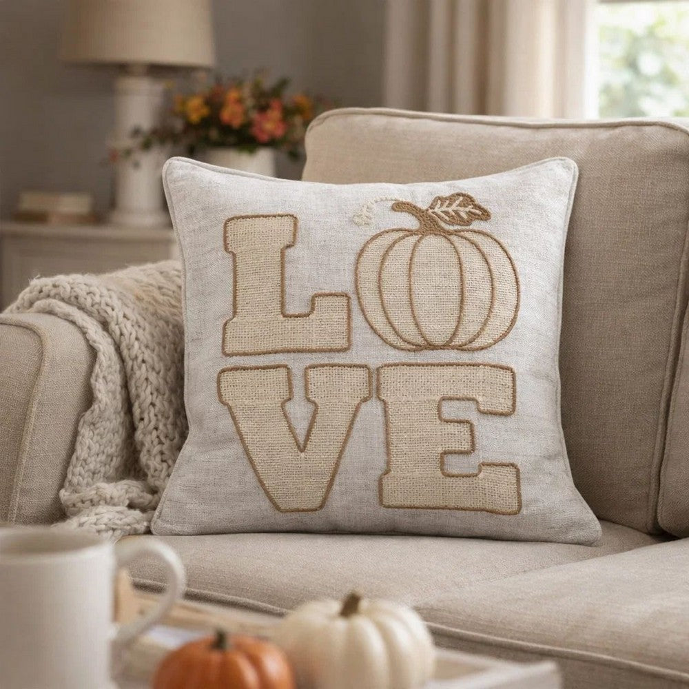 Decorative Throw Pillow | Love Pumpkin Beige Linen Embroidery | 20" Square
