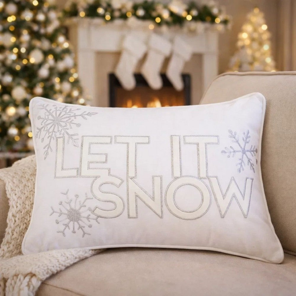 Jiny Lumbar Pillow with Insert | Let It Snow Ivory Velvet Embroidery 14x20