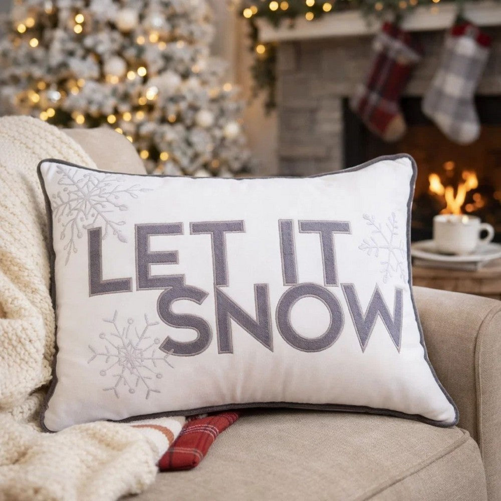 Jiny Lumbar Pillow with Insert | Let It Snow Gray Velvet Embroidery 14x20