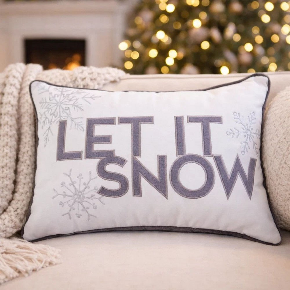 Jiny Lumbar Pillow with Insert | Let It Snow Gray Velvet Embroidery 14x20