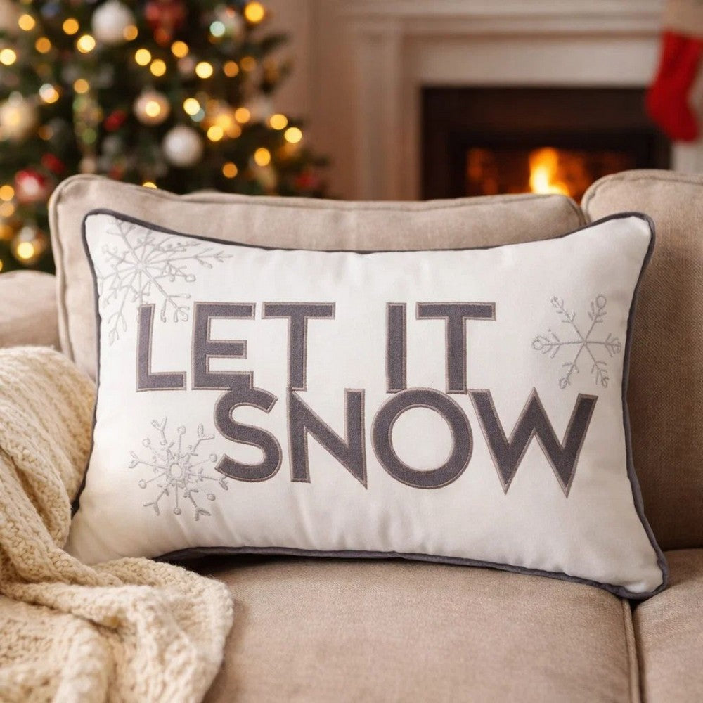 Jiny Lumbar Pillow with Insert | Let It Snow Gray Velvet Embroidery 14x20