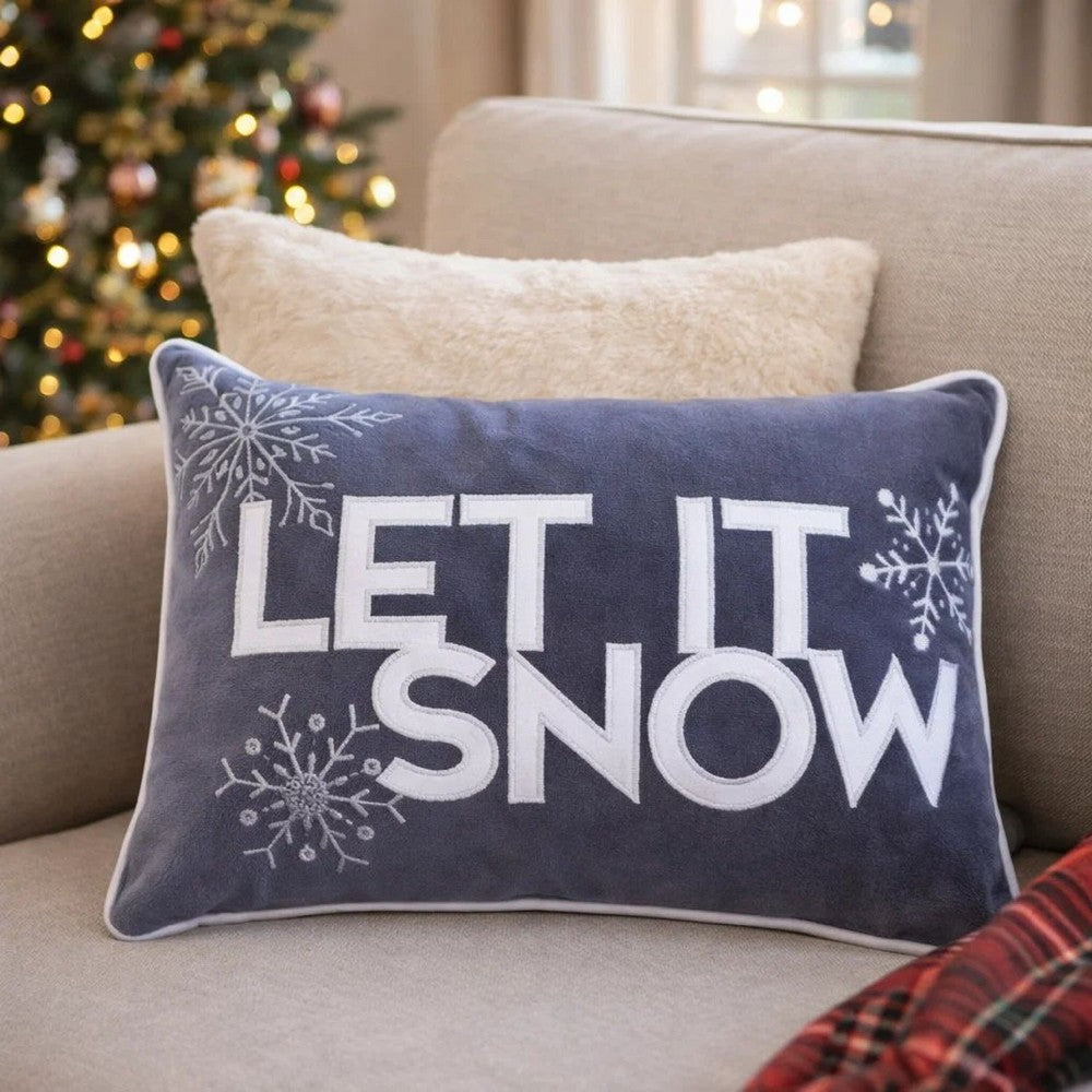 Jiny Dark Lumbar Pillow | Let It Snow White Velvet Embroidery 14x20