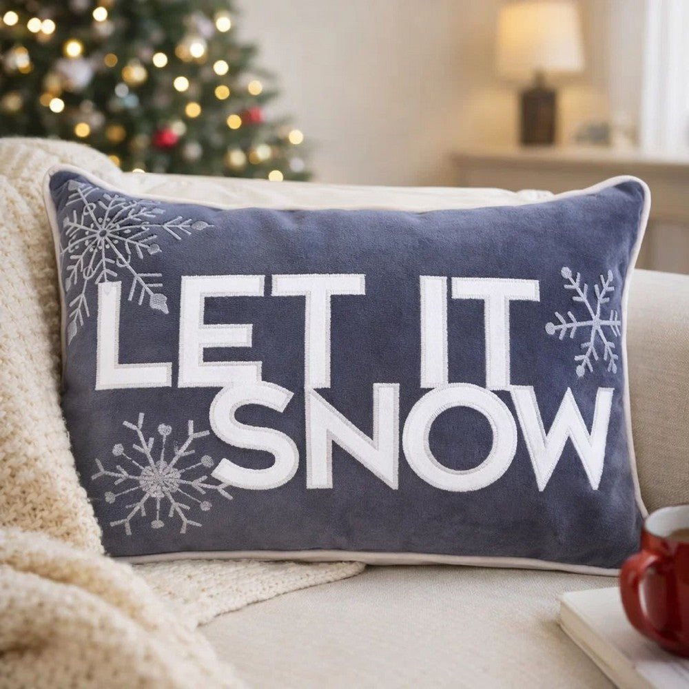 Jiny Dark Lumbar Pillow | Let It Snow White Velvet Embroidery 14x20