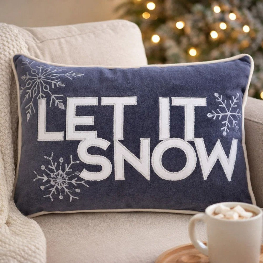 Jiny Dark Lumbar Pillow | Let It Snow White Velvet Embroidery 14x20