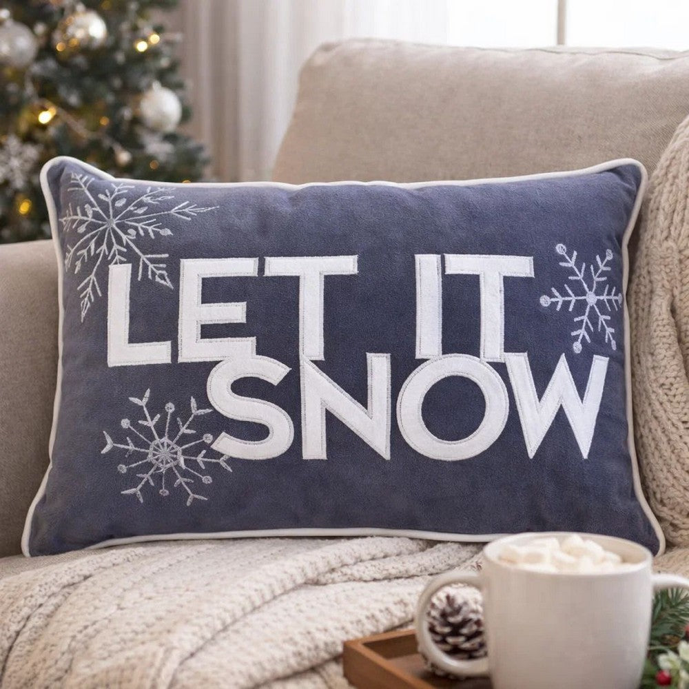 Jiny Dark Lumbar Pillow | Let It Snow White Velvet Embroidery 14x20