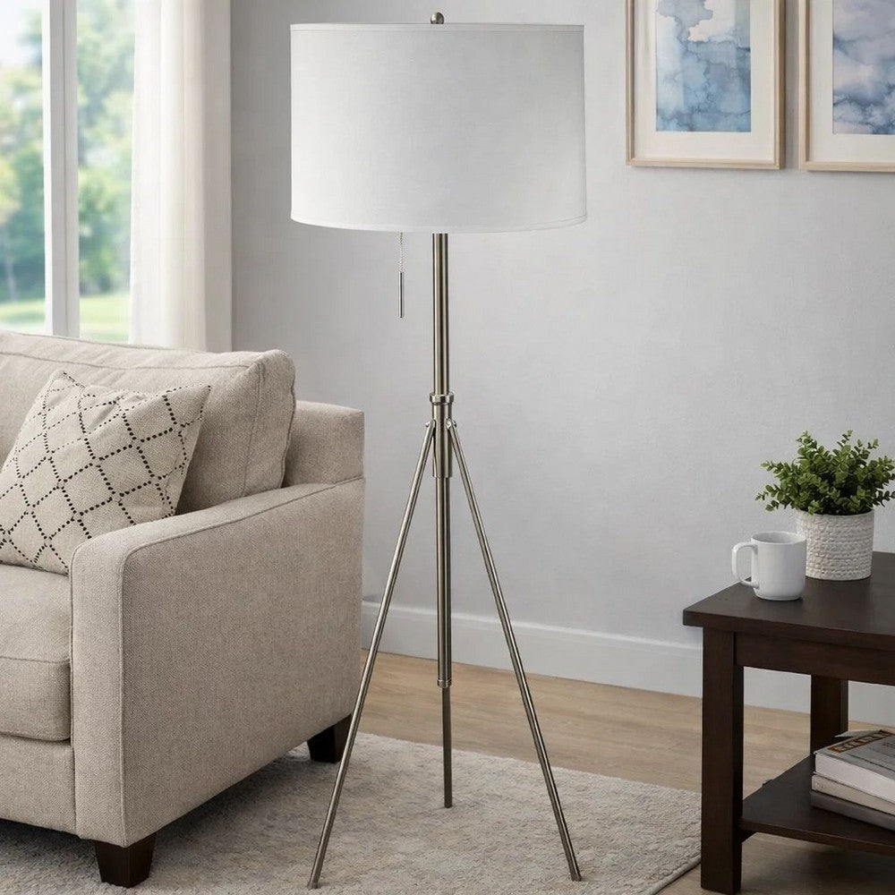 Simi Floor Lamp | Adjustable Tripod | White Linen Shade | Nickel Metal