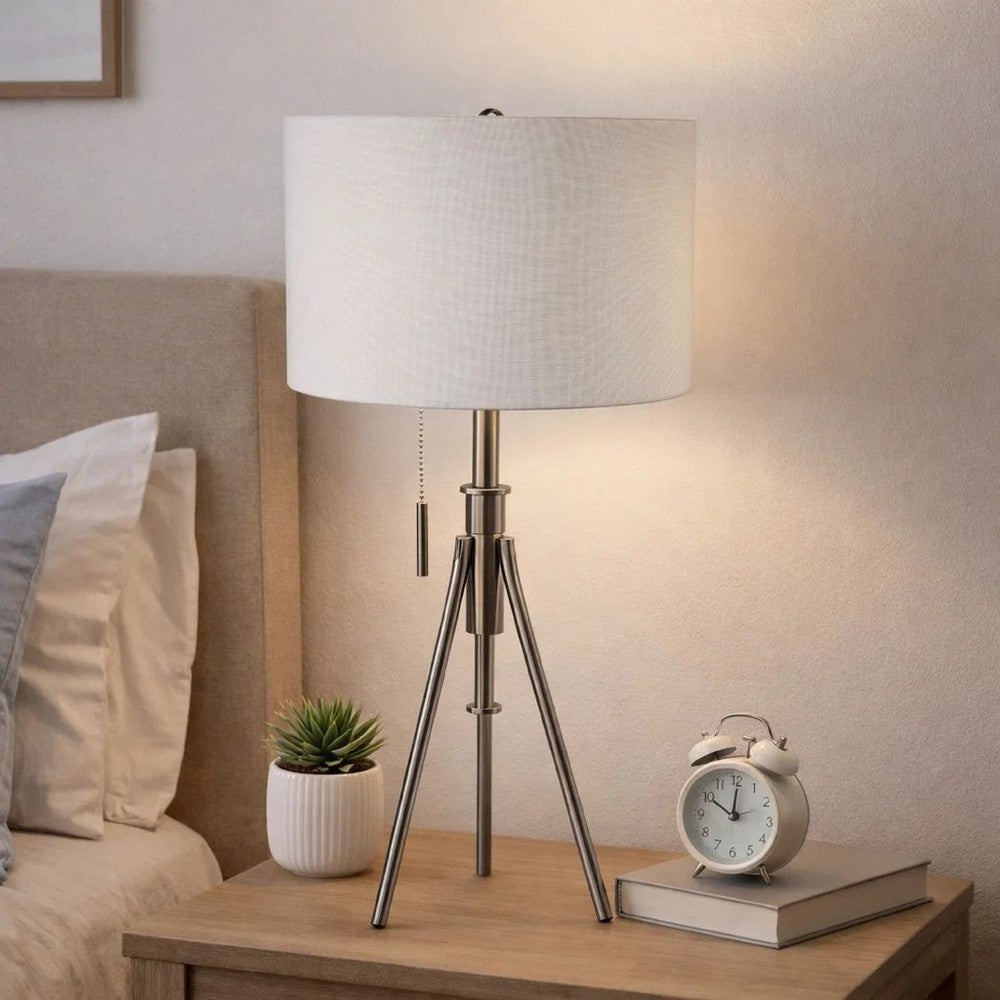 Simi Table Lamp | Adjustable Tripod | White Linen Shade | Nickel