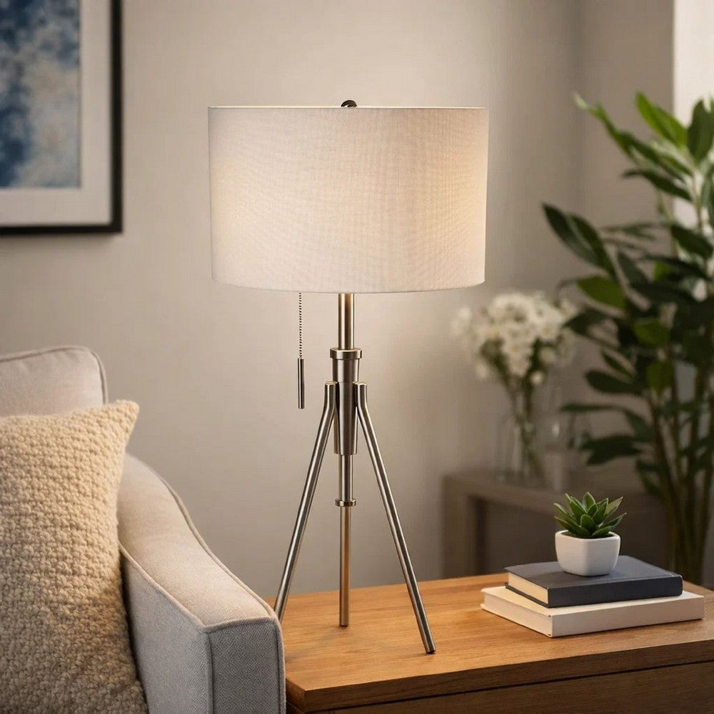 Simi Table Lamp | Adjustable Tripod | White Linen Shade | Nickel
