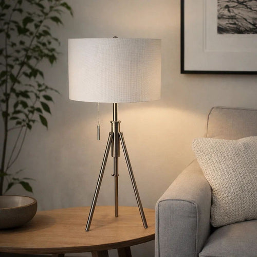 Simi Table Lamp | Adjustable Tripod | White Linen Shade | Nickel