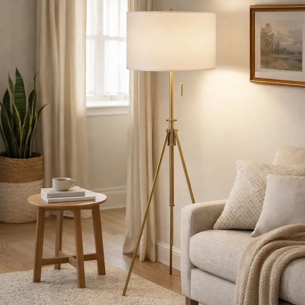 Simi Floor Lamp | Adjustable Tripod | White Linen Shade | Gold Metal