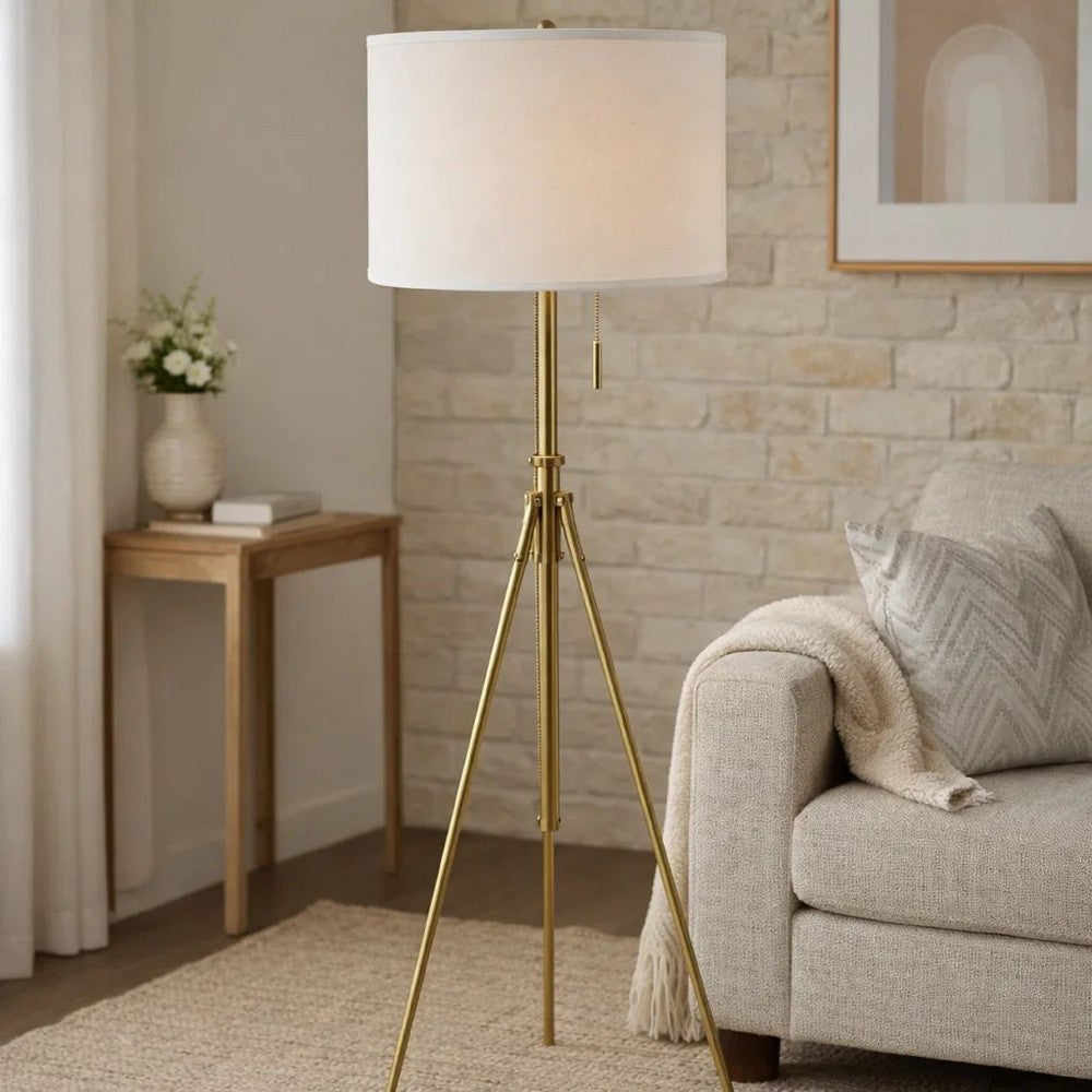 Simi Floor Lamp | Adjustable Tripod | White Linen Shade | Gold Metal