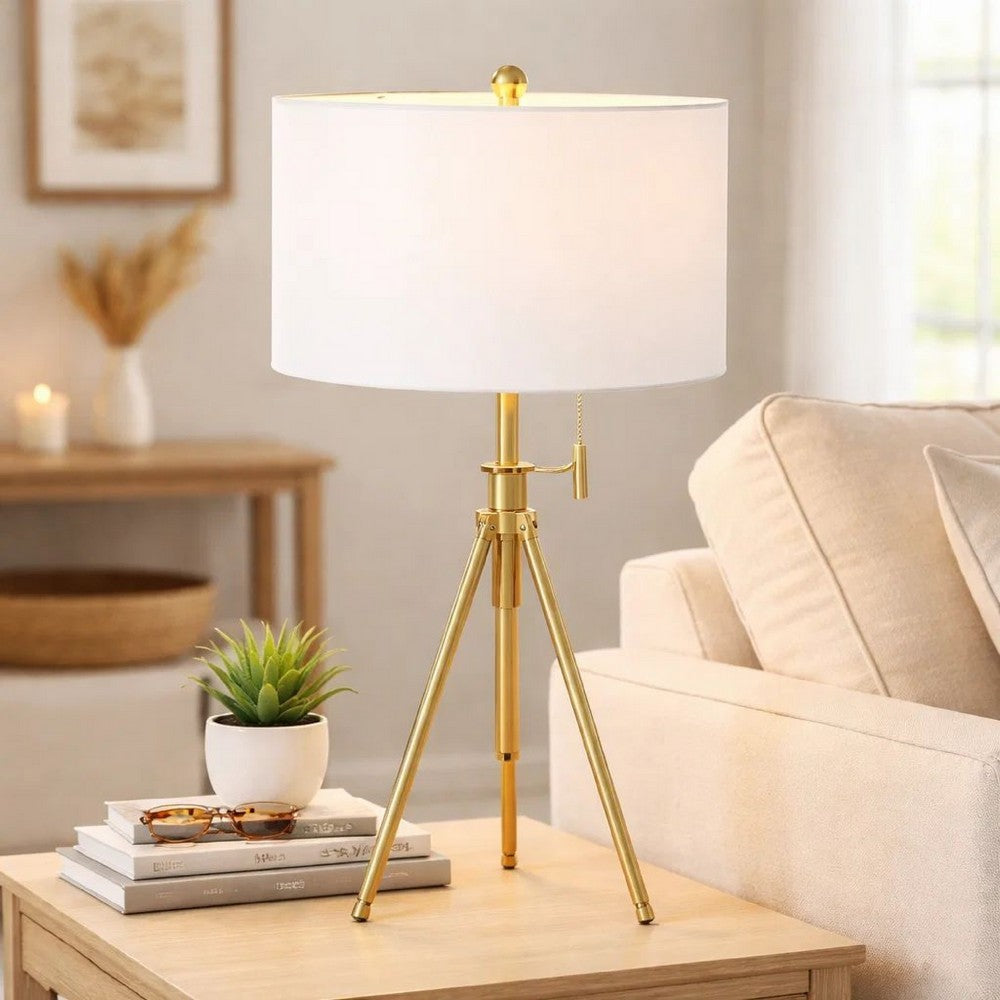 Simi Table Lamp | Adjustable Tripod | White Linen Shade | Gold Metal