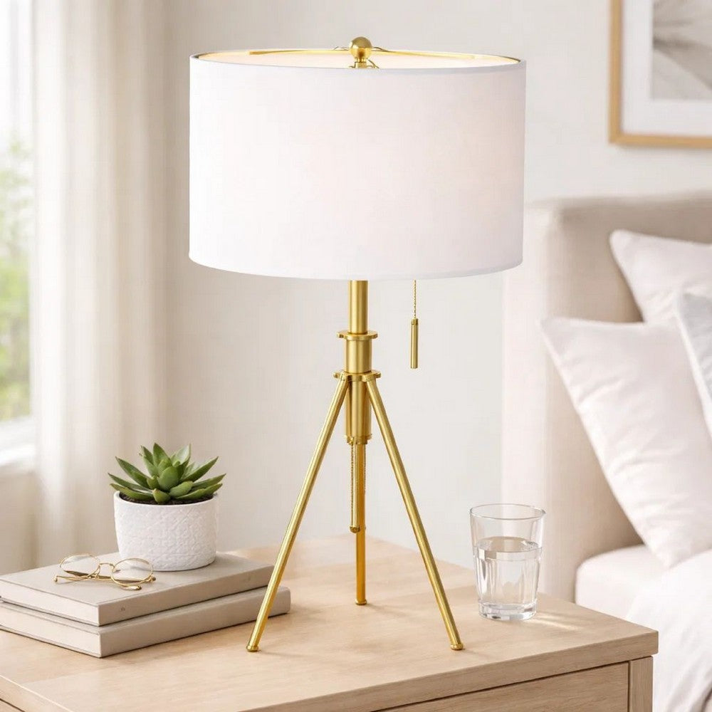 Simi Table Lamp | Adjustable Tripod | White Linen Shade | Gold Metal