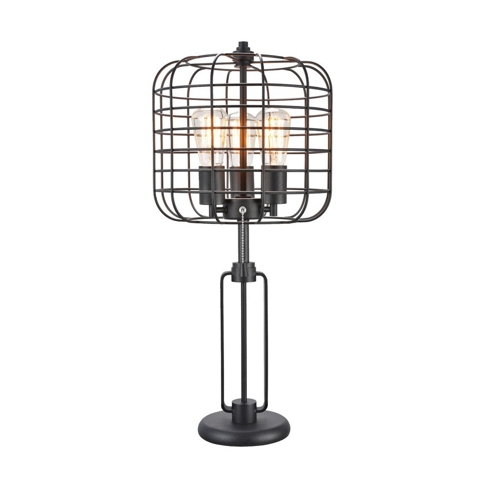Emon 3 Bulb Table Lamp w USB | Black Metal Industrial Cage Shade