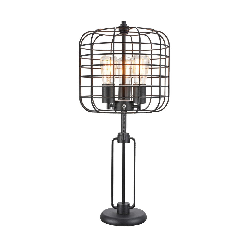 Emon 3 Bulb Table Lamp w USB | Black Metal Industrial Cage Shade