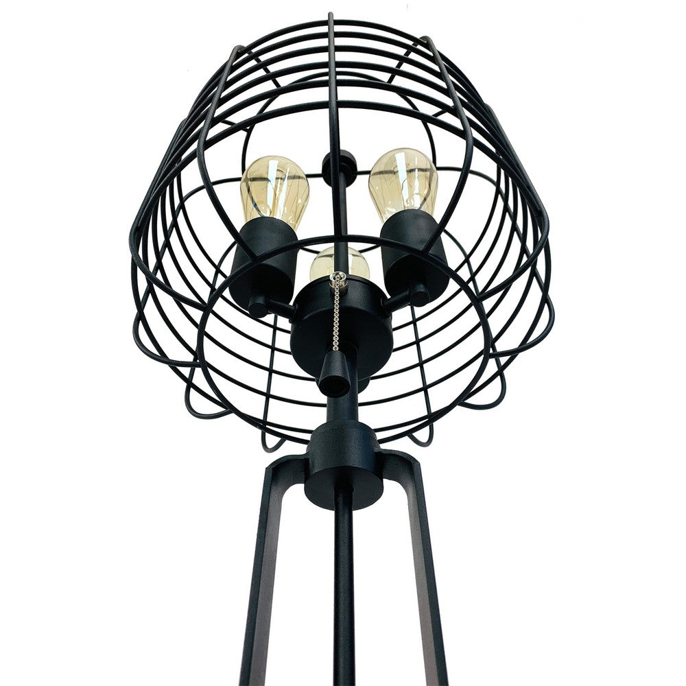 Emon 3 Bulb Table Lamp w USB | Black Metal Industrial Cage Shade