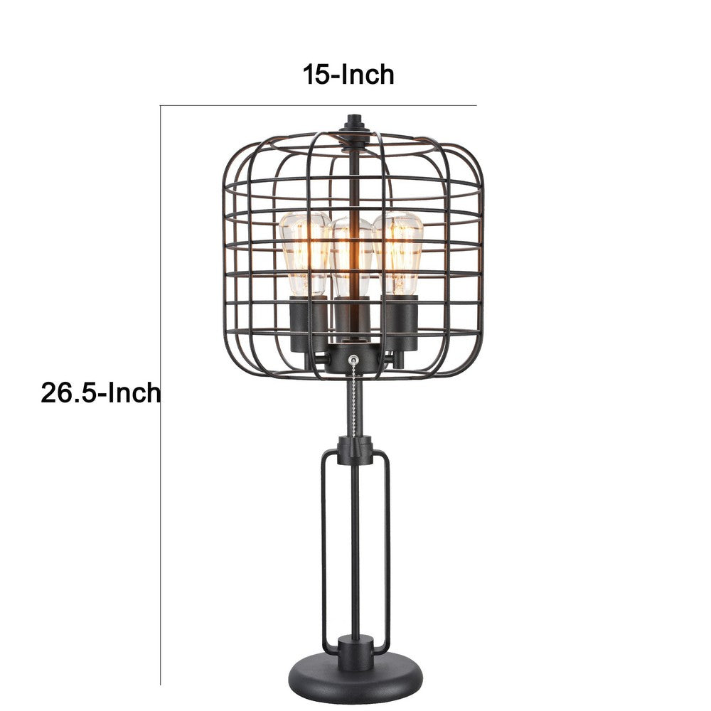 Emon 3 Bulb Table Lamp w USB | Black Metal Industrial Cage Shade