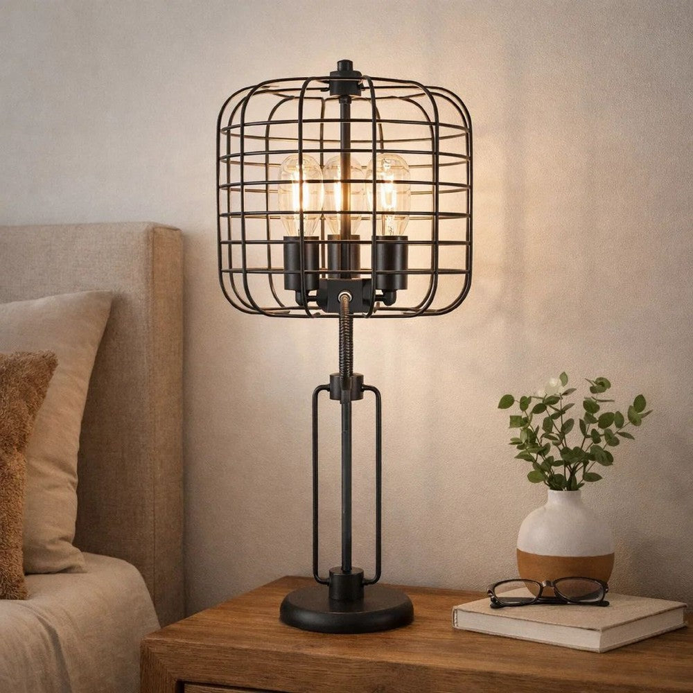 Emon 3 Bulb Table Lamp w USB | Black Metal Industrial Cage Shade