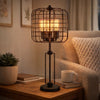 Emon 3 Bulb Table Lamp w USB | Black Metal Industrial Cage Shade