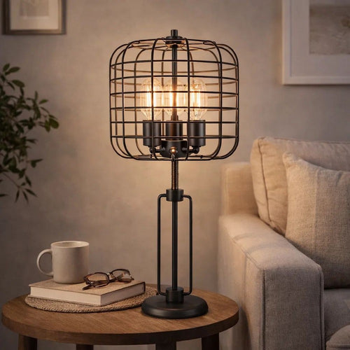 Emon 3 Bulb Table Lamp w USB | Black Metal Industrial Cage Shade