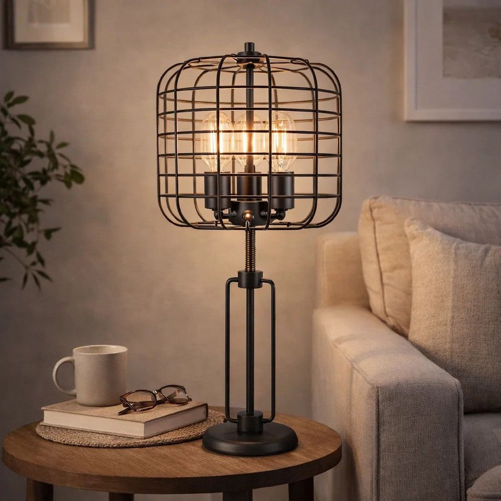Emon 3 Bulb Table Lamp w USB | Black Metal Industrial Cage Shade