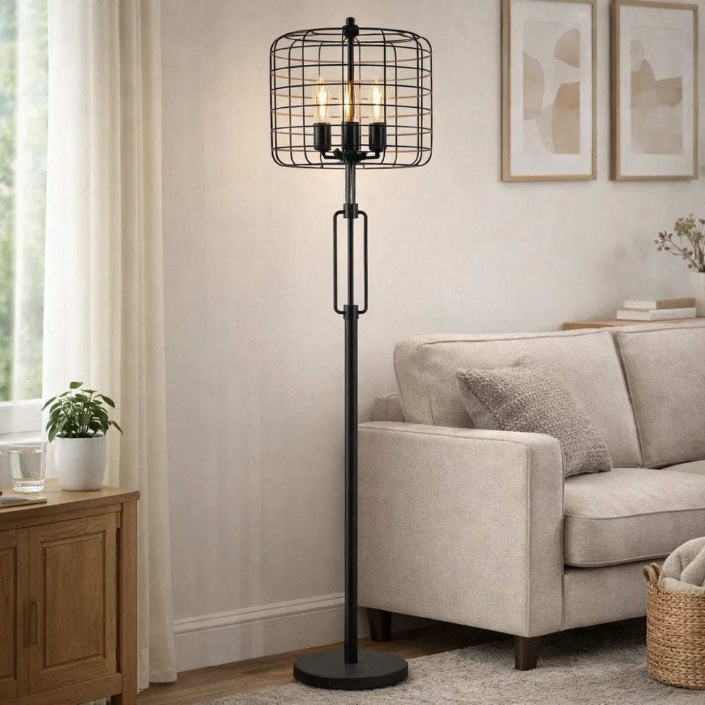 Emon 3 Bulb Floor Lamp | Matte Black Metal Industrial Cage Shade