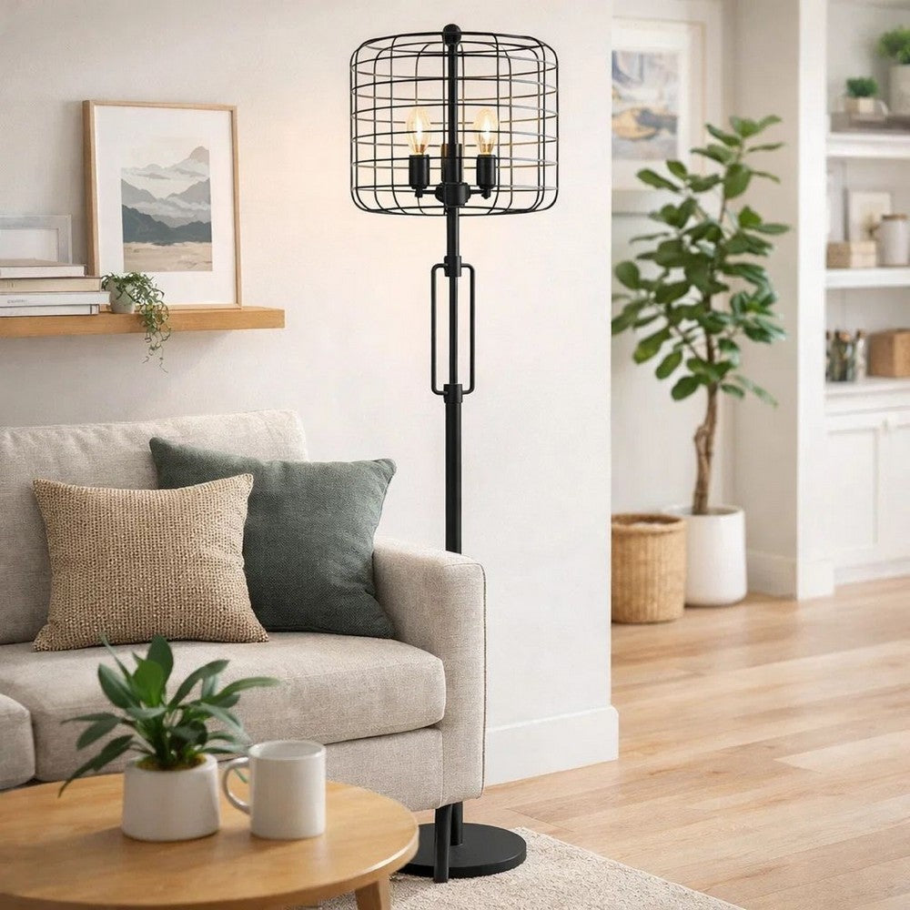 Emon 3 Bulb Floor Lamp | Matte Black Metal Industrial Cage Shade