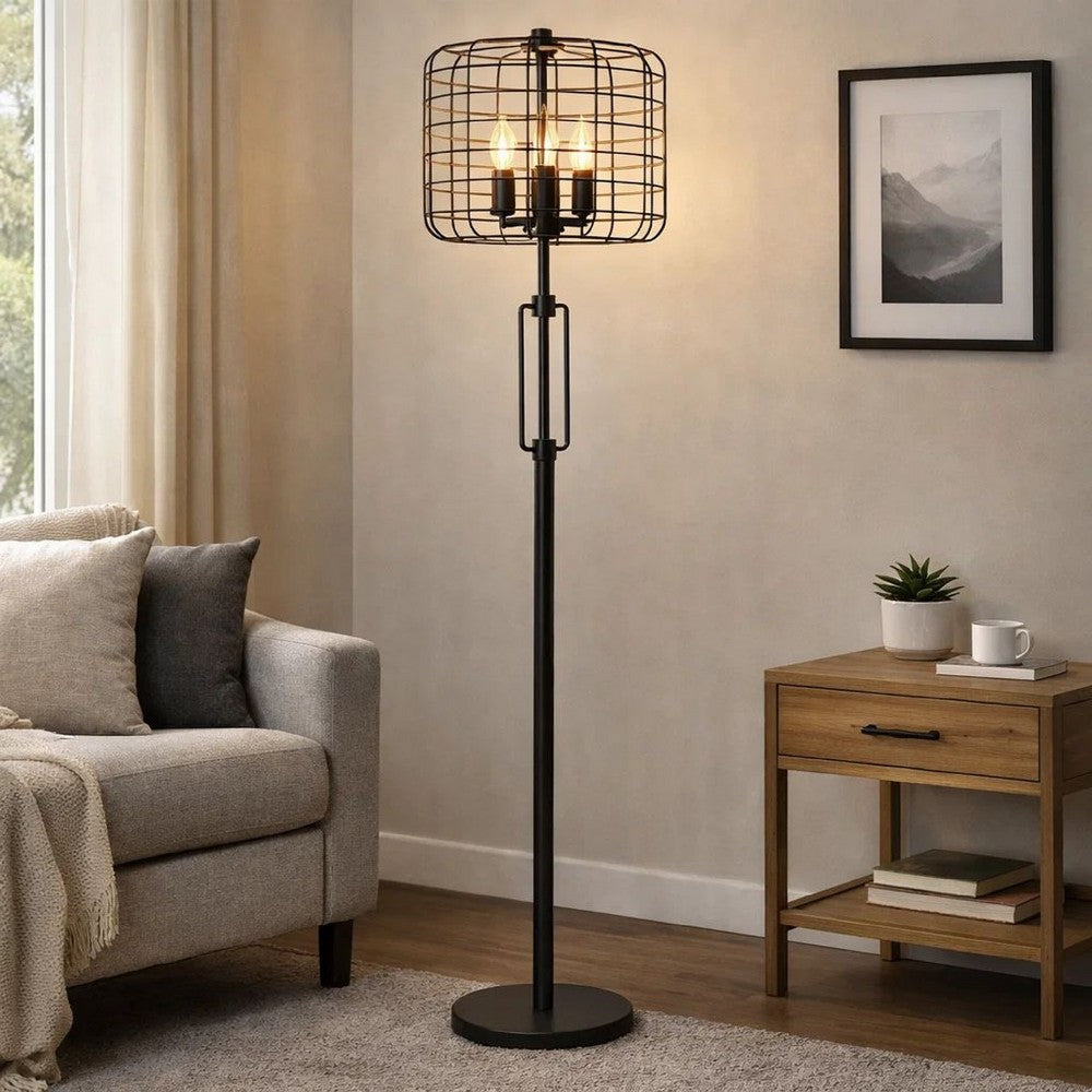 Emon 3 Bulb Floor Lamp | Matte Black Metal Industrial Cage Shade