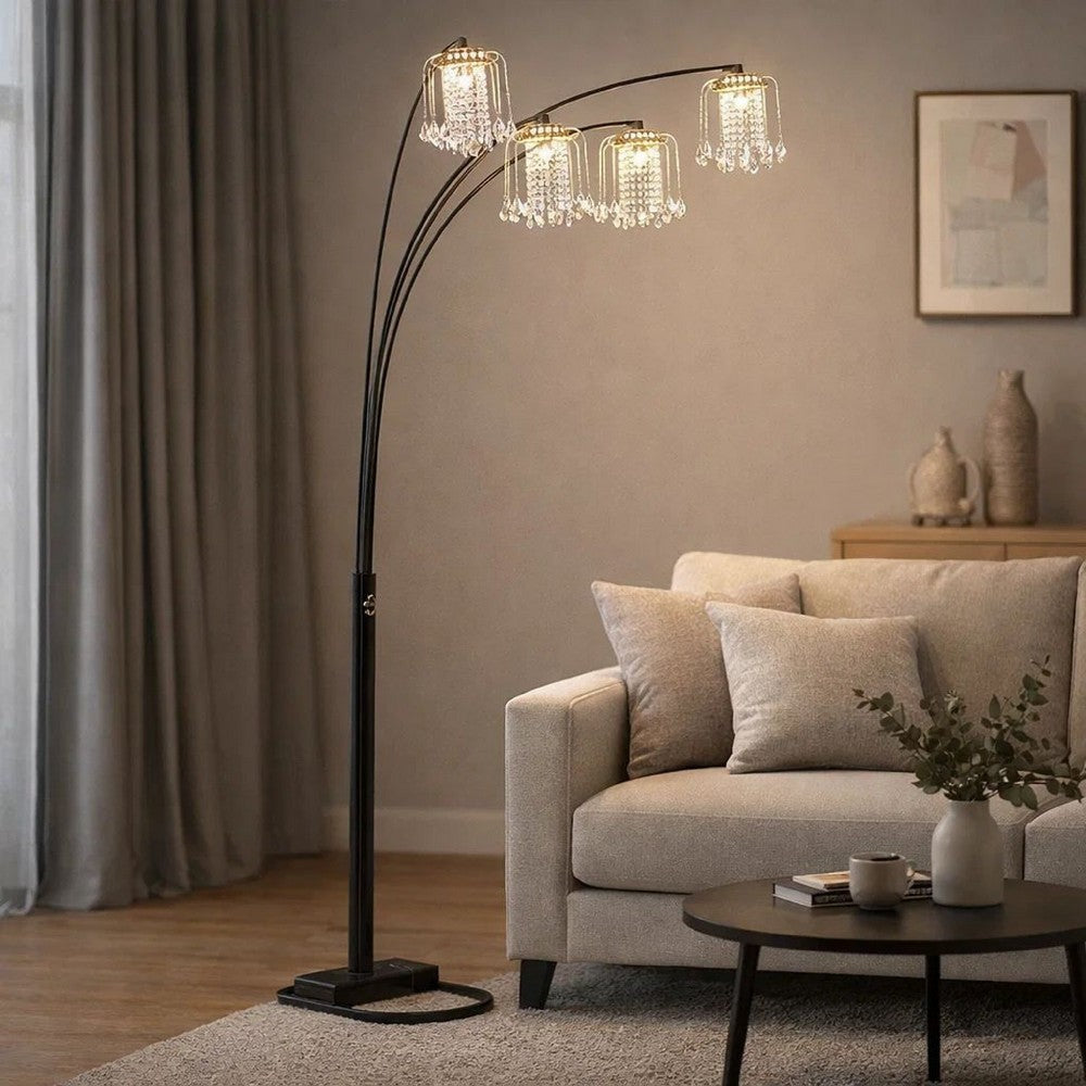 Kyle Arch Floor Lamp | Adjustable Arms | 4 Crystal Shades | Black | Gold