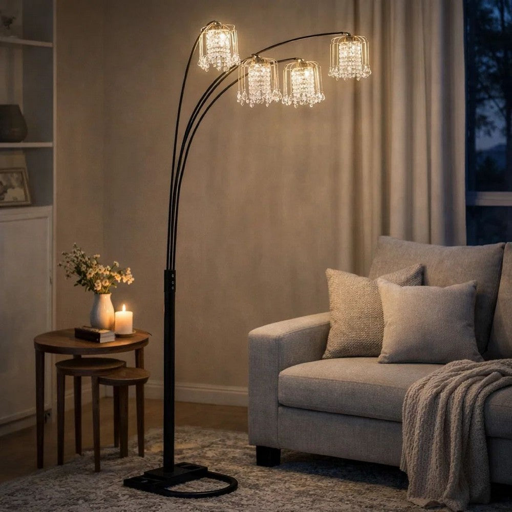 Kyle Arch Floor Lamp | Adjustable Arms | 4 Crystal Shades | Black | Gold