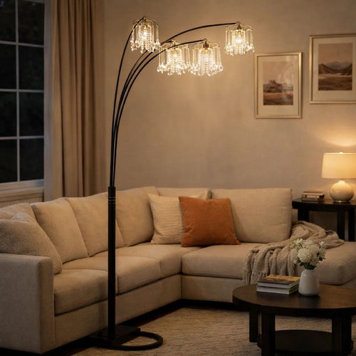 Kyle Arch Floor Lamp | Adjustable Arms | 4 Crystal Shades | Black | Gold