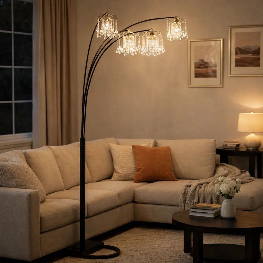 Kyle Arch Floor Lamp | Adjustable Arms | 4 Crystal Shades | Black | Gold