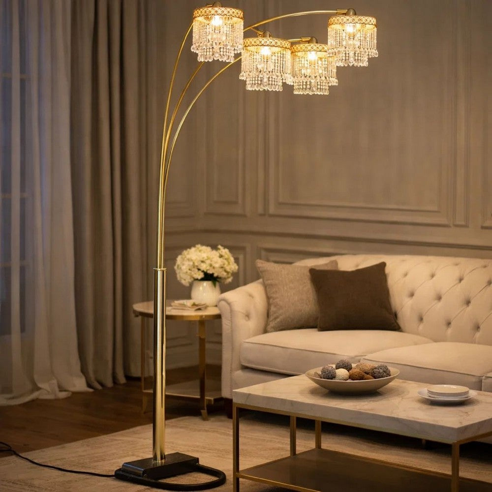 Kyle Arch Floor Lamp | 4 Square Crystal Shades | Black Gold Adjustable Arms