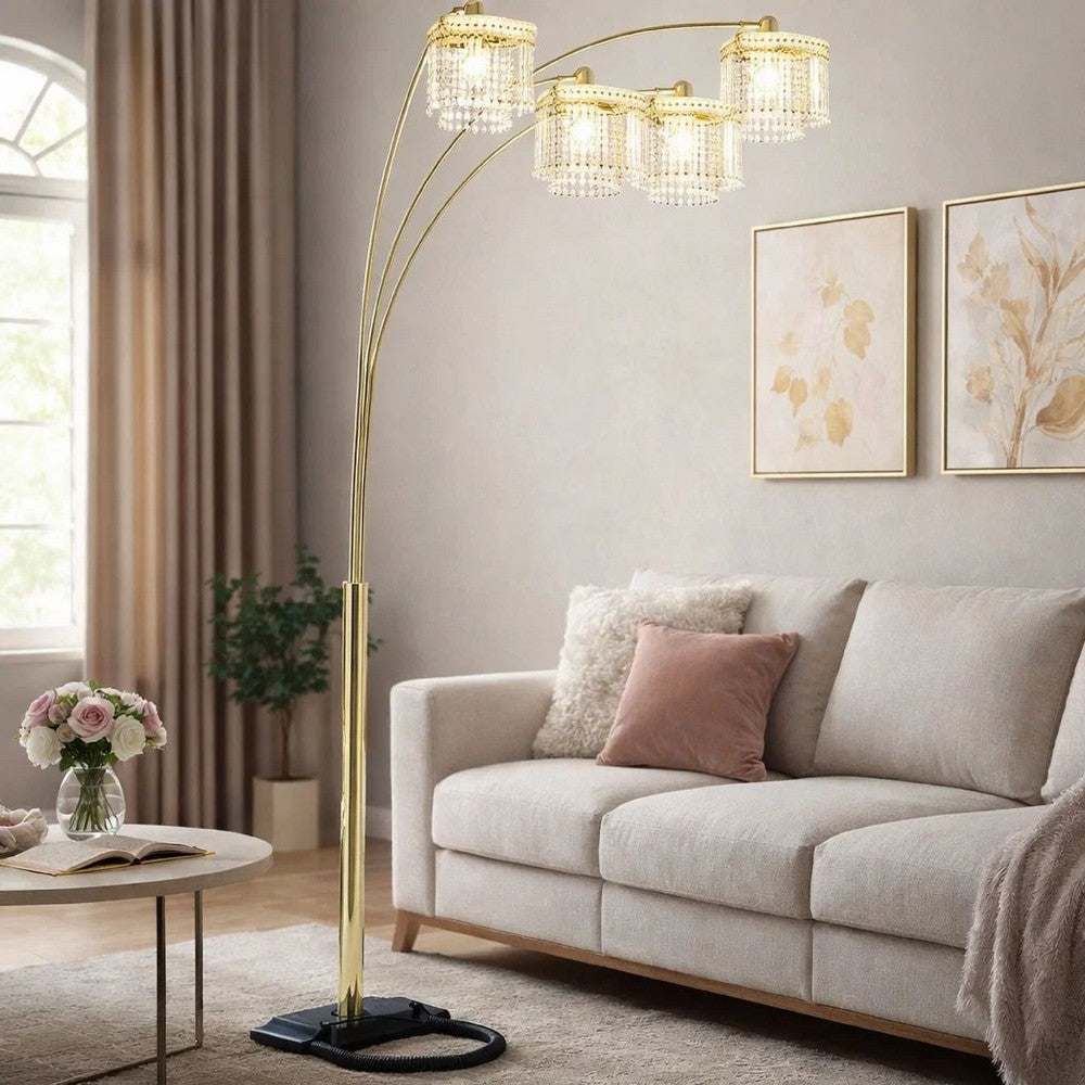 Kyle Arch Floor Lamp | 4 Square Crystal Shades | Black Gold Adjustable Arms