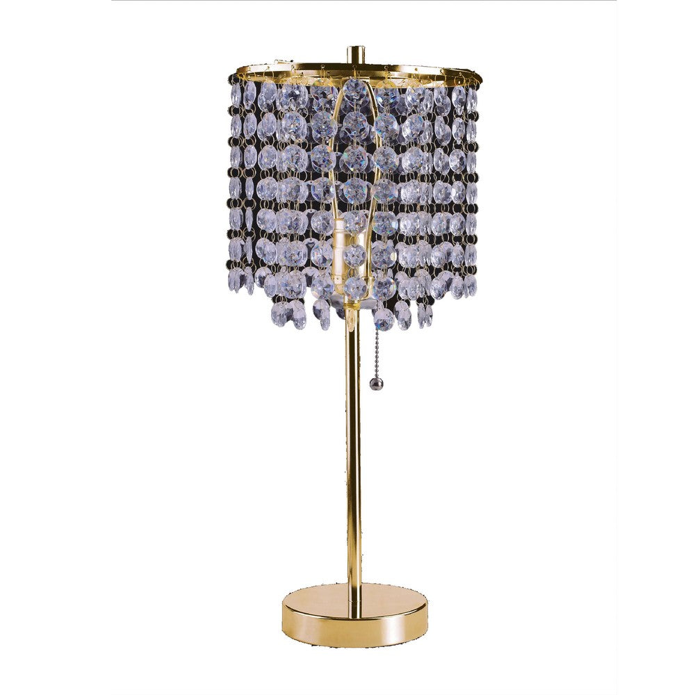 Table Lamp | Hanging Crystal Bead Shade | Pull String Switch | Gold Metal