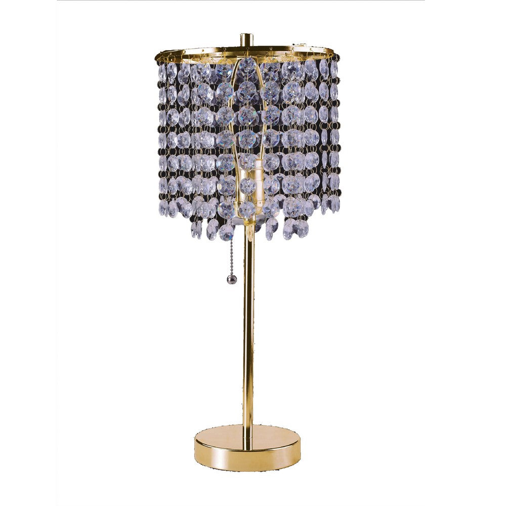 Table Lamp | Hanging Crystal Bead Shade | Pull String Switch | Gold Metal
