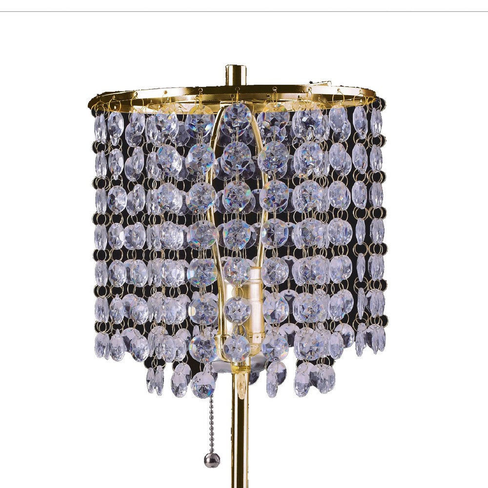 Table Lamp | Hanging Crystal Bead Shade | Pull String Switch | Gold Metal
