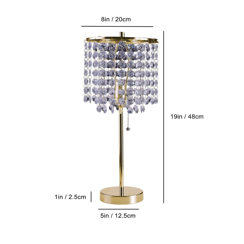 Table Lamp | Hanging Crystal Bead Shade | Pull String Switch | Gold Metal