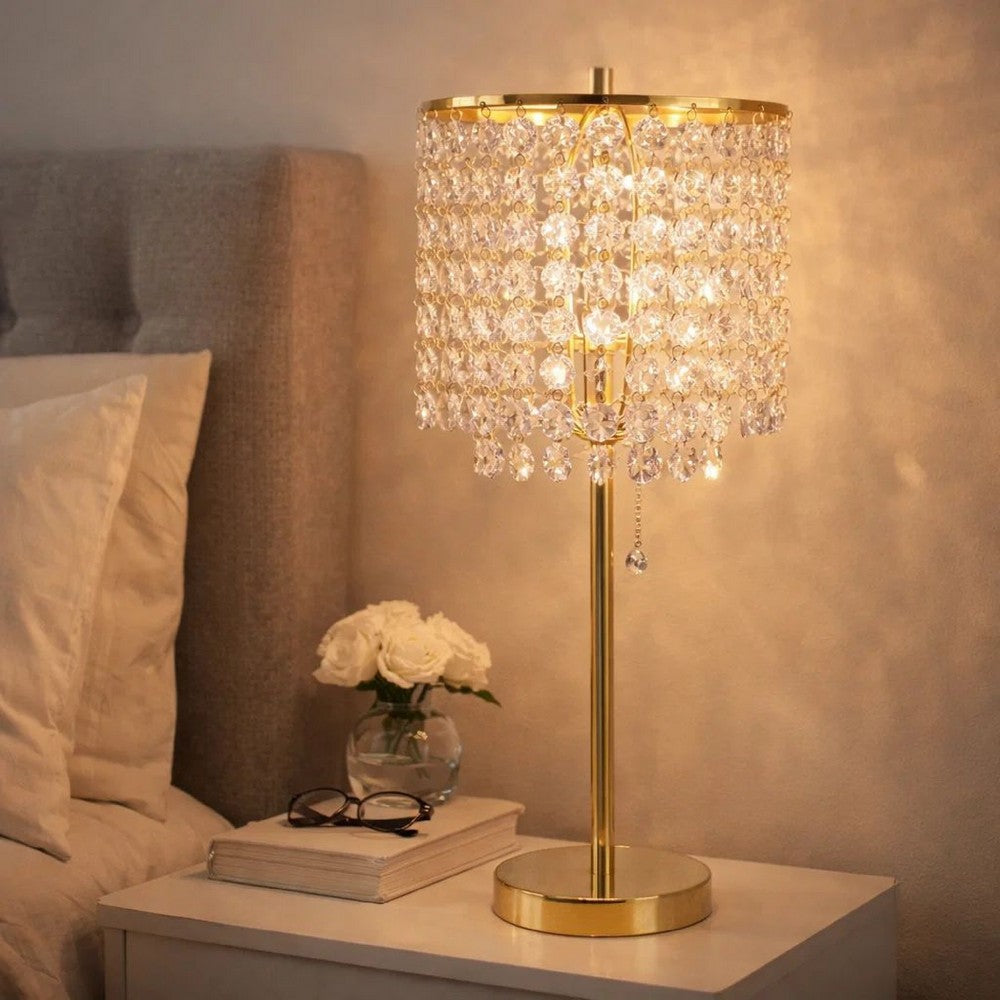 Table Lamp | Hanging Crystal Bead Shade | Pull String Switch | Gold Metal