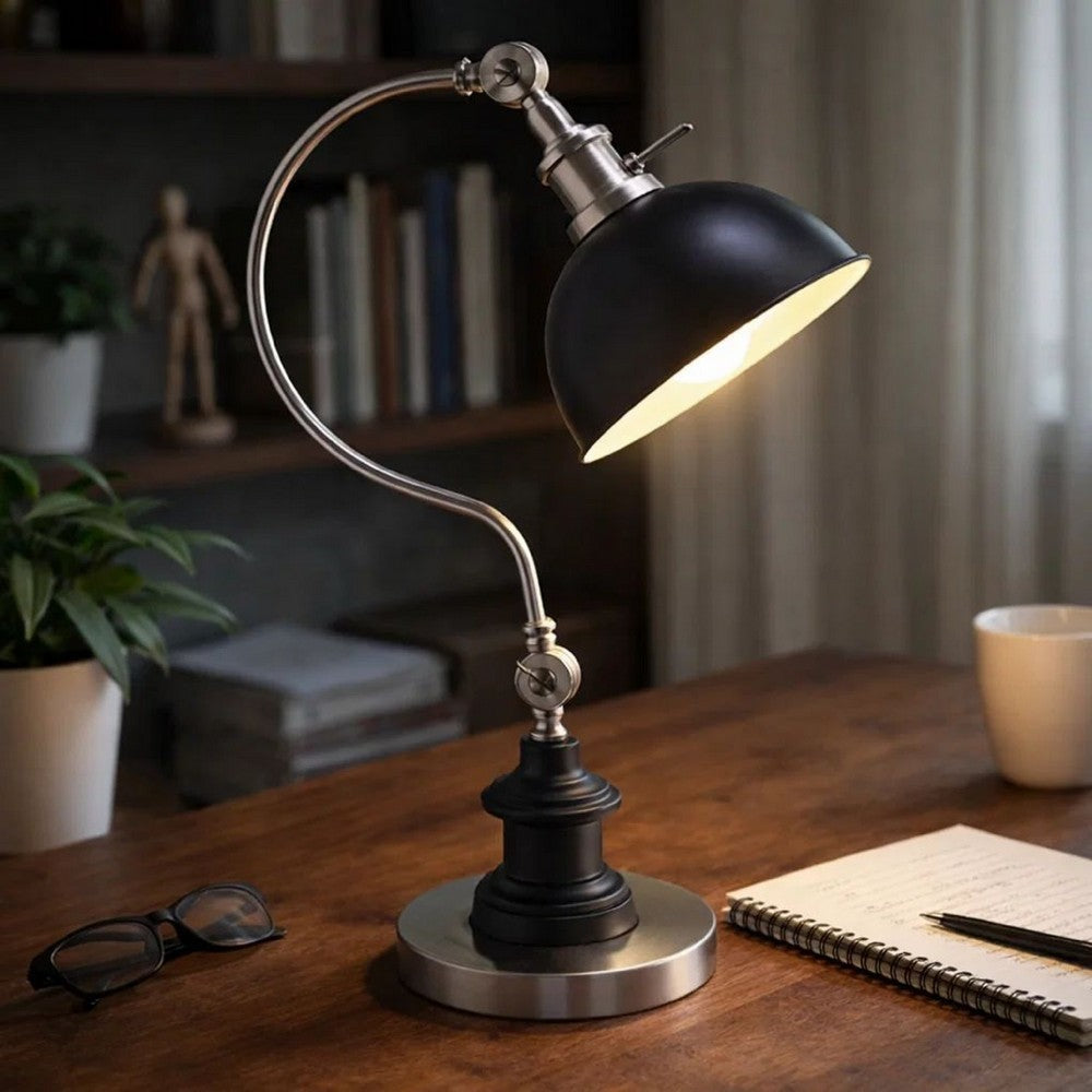 Roma Table Lamp | Gooseneck Arm & Adjustable Head | Nickel | Black Metal