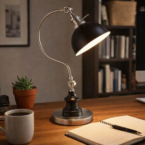 Roma Table Lamp | Gooseneck Arm & Adjustable Head | Nickel | Black Metal