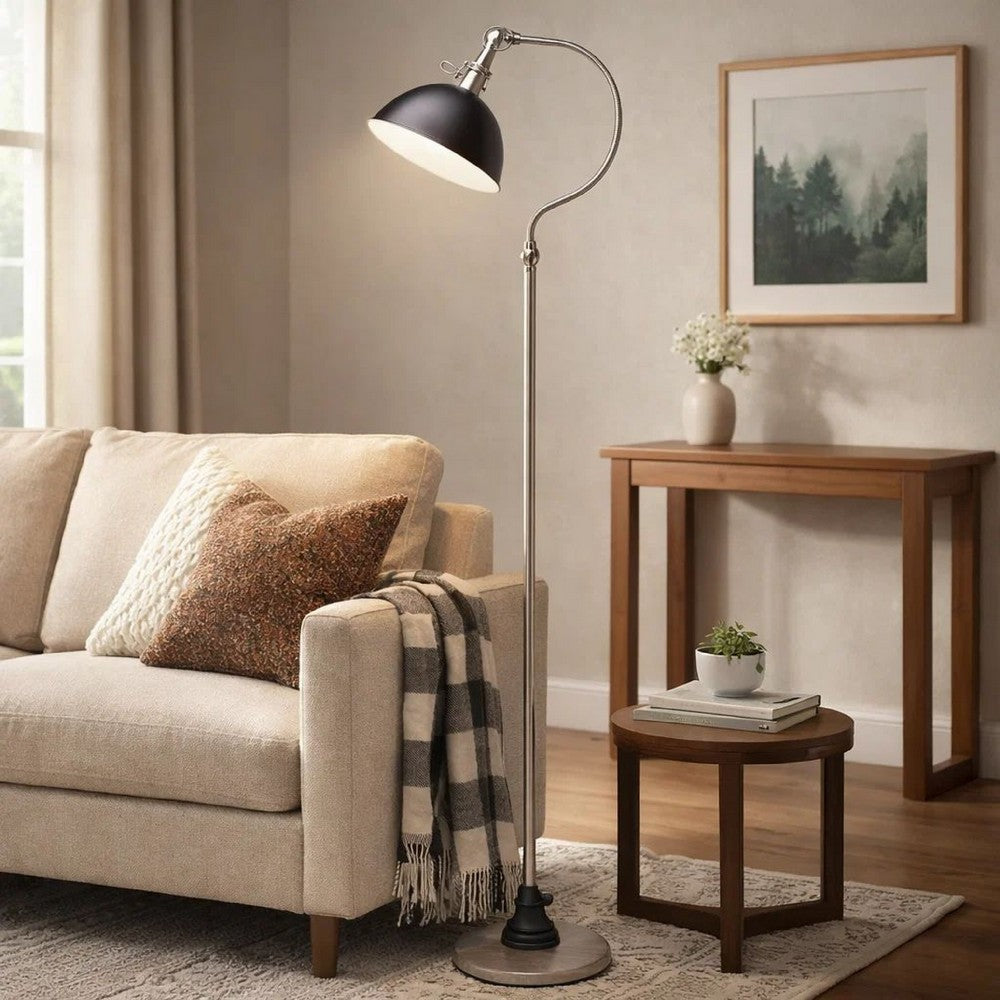 Roma Floor Lamp | Gooseneck Arm & Adjustable Head | Nickel | Black Metal