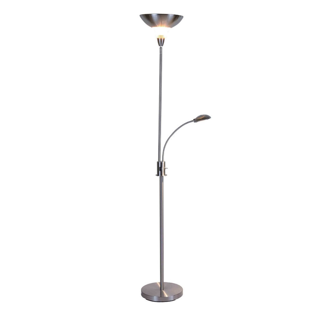 Torchiere Floor Lamp w LED Reading Light | Adjustable Arm | Satin Nickel