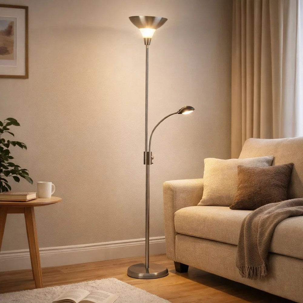 Torchiere Floor Lamp w LED Reading Light | Adjustable Arm | Satin Nickel