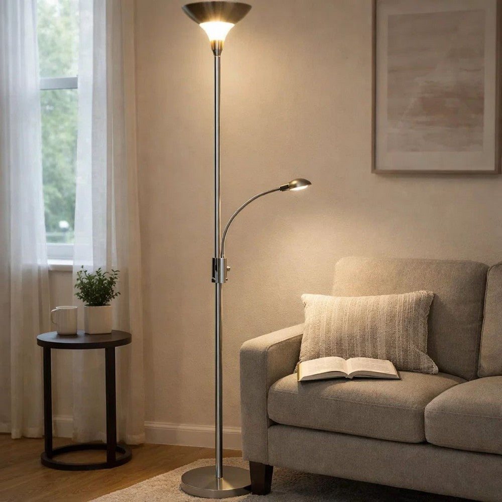 Torchiere Floor Lamp w LED Reading Light | Adjustable Arm | Satin Nickel
