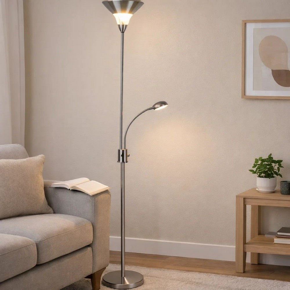 Torchiere Floor Lamp w LED Reading Light | Adjustable Arm | Satin Nickel