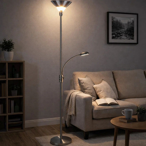 Torchiere Floor Lamp w LED Reading Light | Adjustable Arm | Satin Nickel