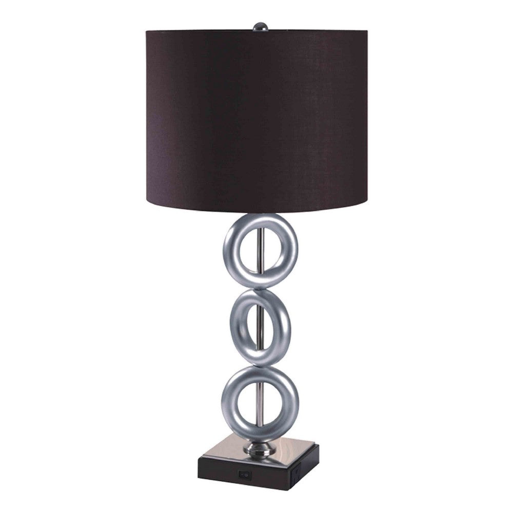 Table Lamp Set of 2 | Brown Fabric Shades | 3 Ring Design | Silver Metal